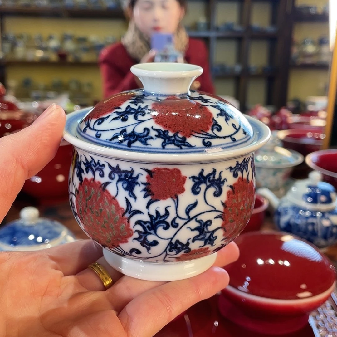 清欢雅玩，青花釉里红缠枝荔枝布袋盖碗160毫升