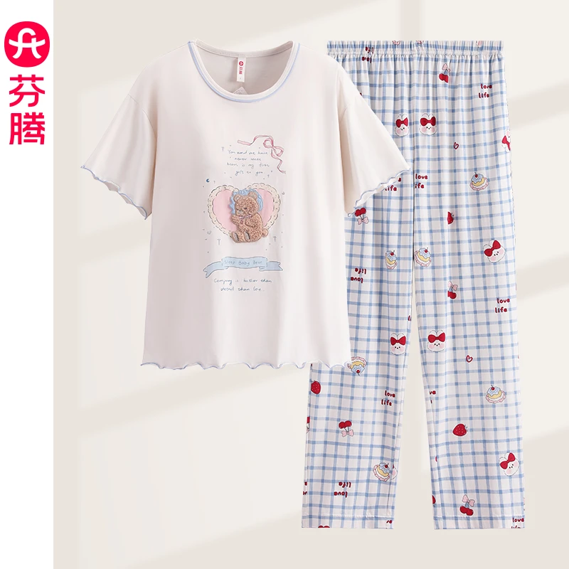 芬腾【带胸垫】纯棉睡衣女短袖长裤无感印花宽松家居服可外穿套装