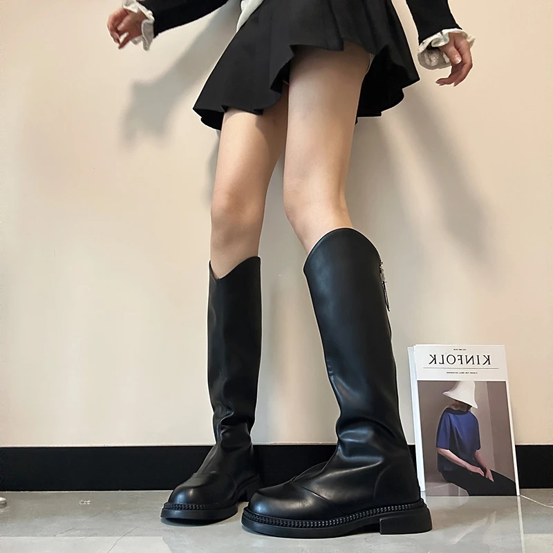 秋冬长靴高筒靴时装靴复古百搭黑色薄底V口骑士弹力长筒瘦瘦女靴