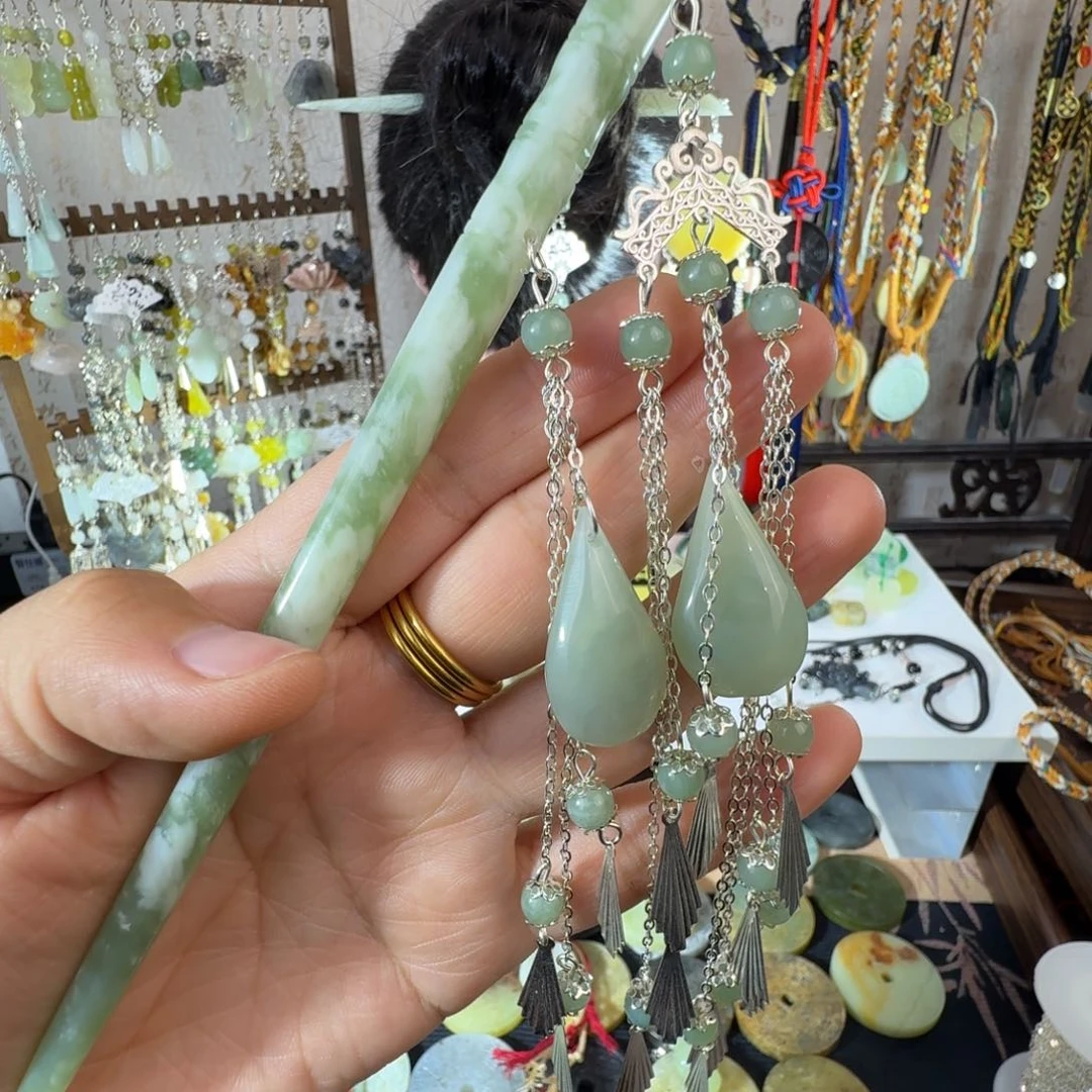 岫玉未镶嵌发簪福利款双流苏水滴