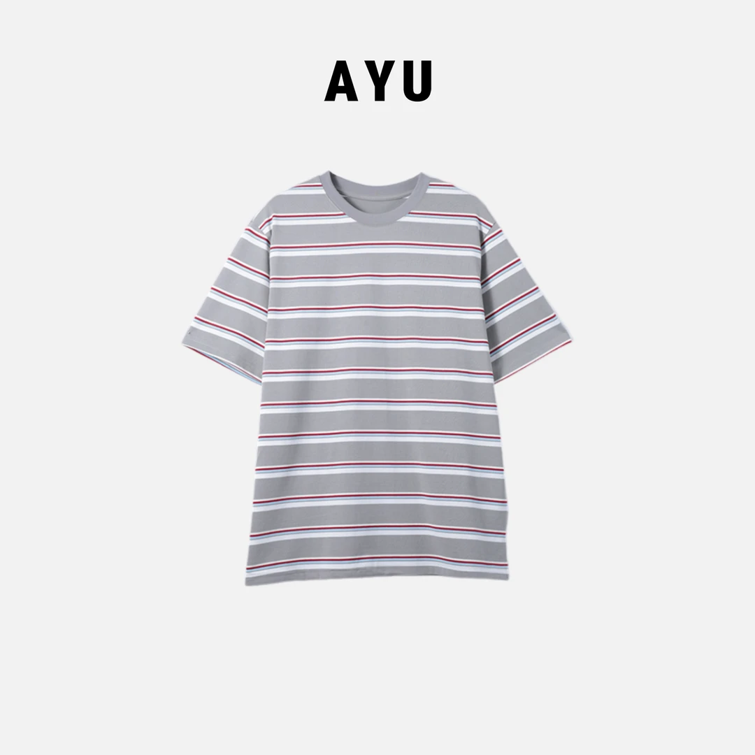 阿玉家&新款时尚百搭宽松显瘦横条纹长袖T恤女气质短袖#7144