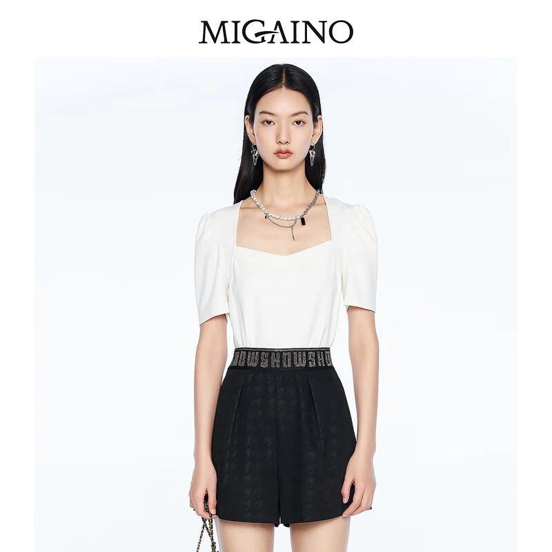 Migaino曼娅奴T恤夏白色方领泡泡袖休闲上衣