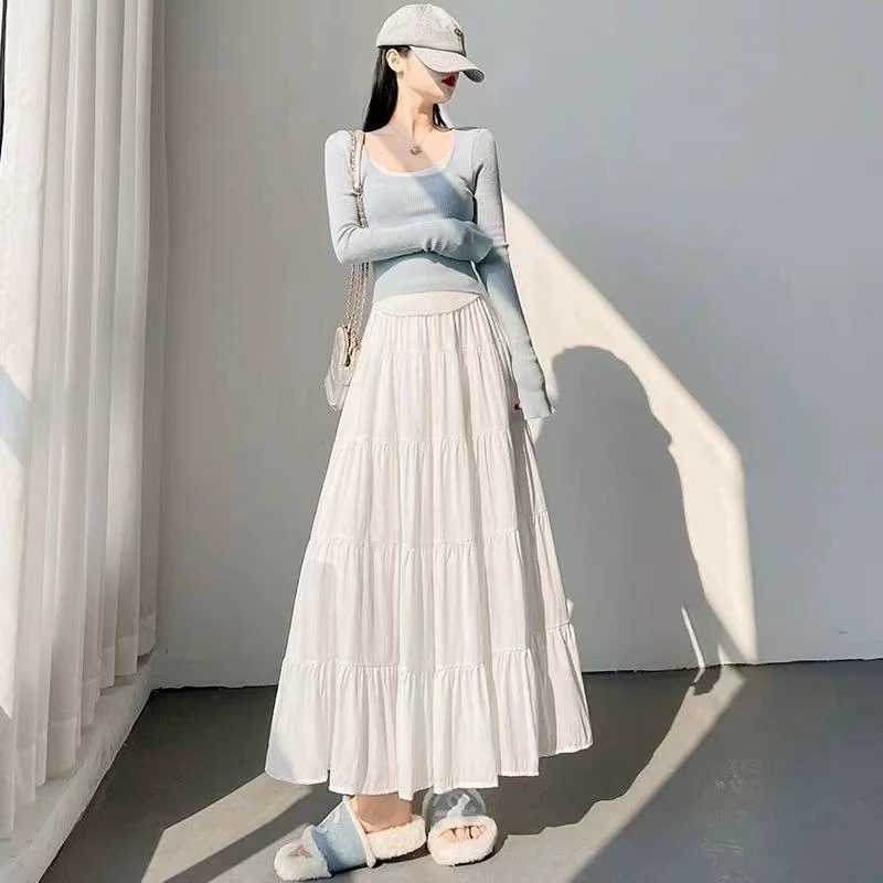 2025春夏新款百搭蛋糕长裙夏季伞裙白色温柔风女款半身裙裙子