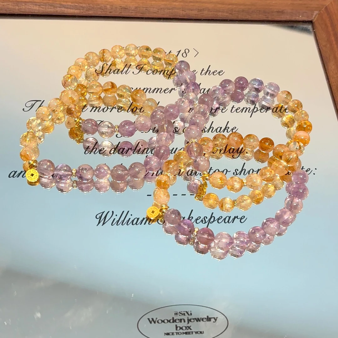 【紫金小铜钱】天然水晶紫兔毛黄塔晶手串女款显白时尚轻奢手串