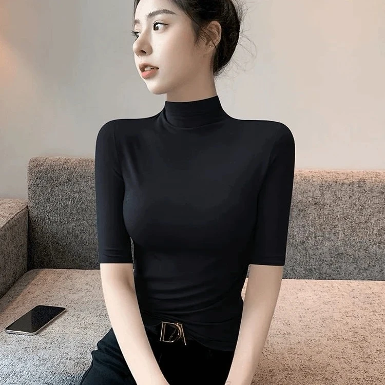2025新款秋冬小立领短袖T恤女早秋新款韩版修身半高领五分袖纯色