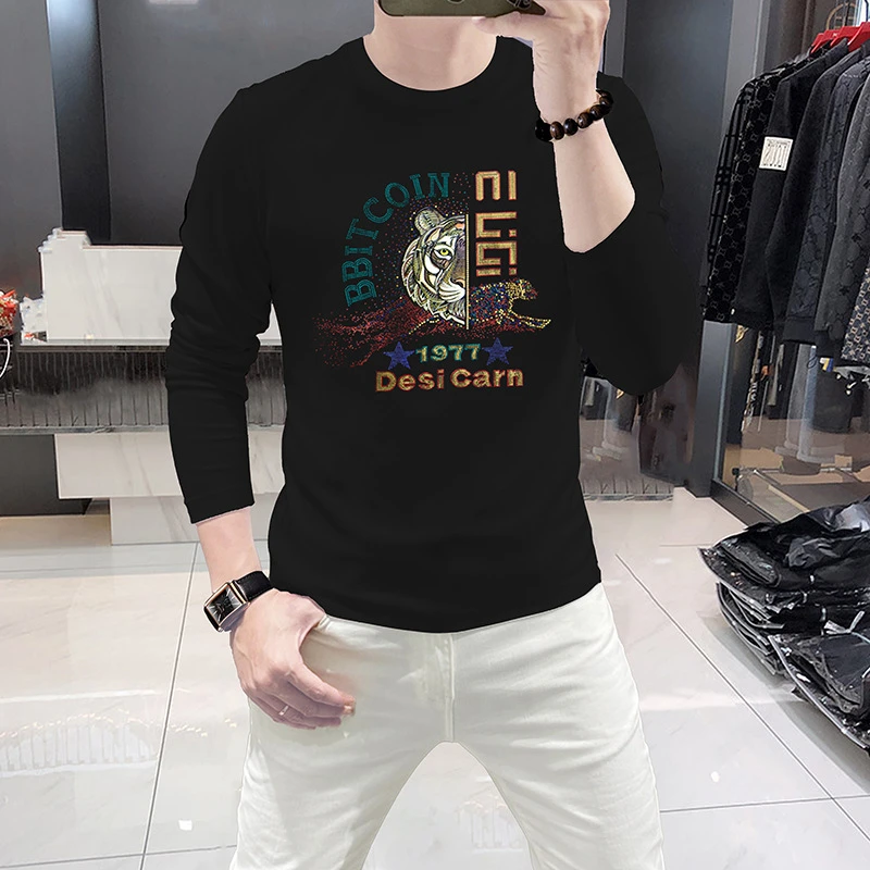 高级感2025新款男士长袖T桖烫砖虎头男装欧货秋季打底衫透气上衣