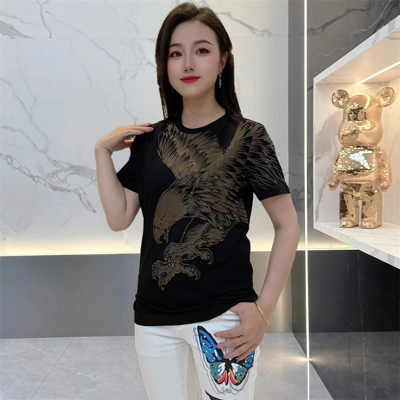 【雄鹰展翅体恤】2025夏季新款休闲时尚烫钻设计感圆领t恤男短袖