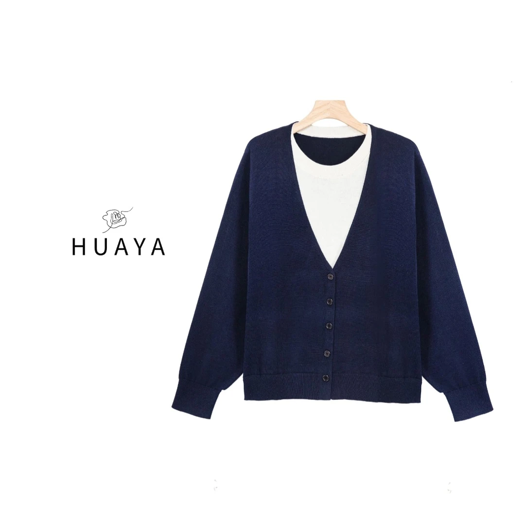 25年春季新品圆领假两件时尚百搭长袖轻奢宽松羊毛衫LS939