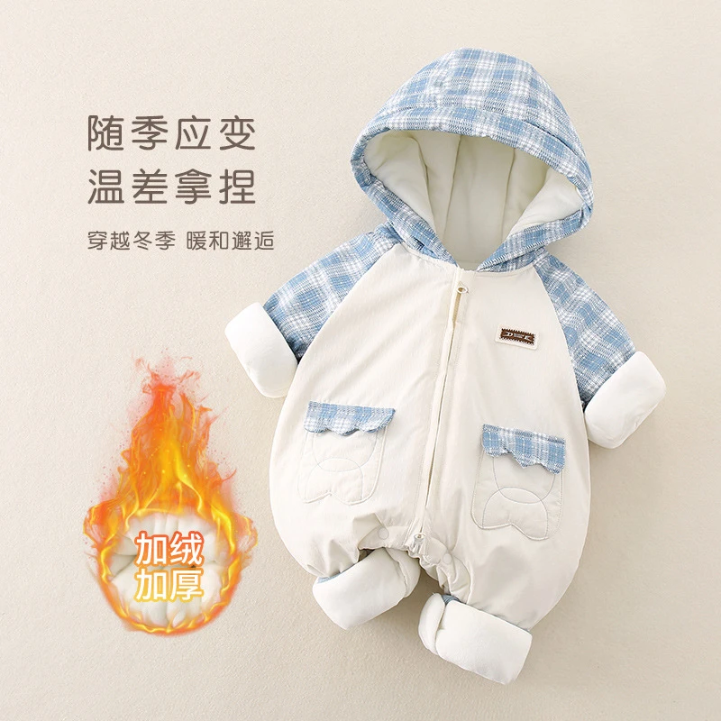 婴儿新款棉服加绒加厚棉爬爬服男女宝宝哈衣百天满月宝宝外出服