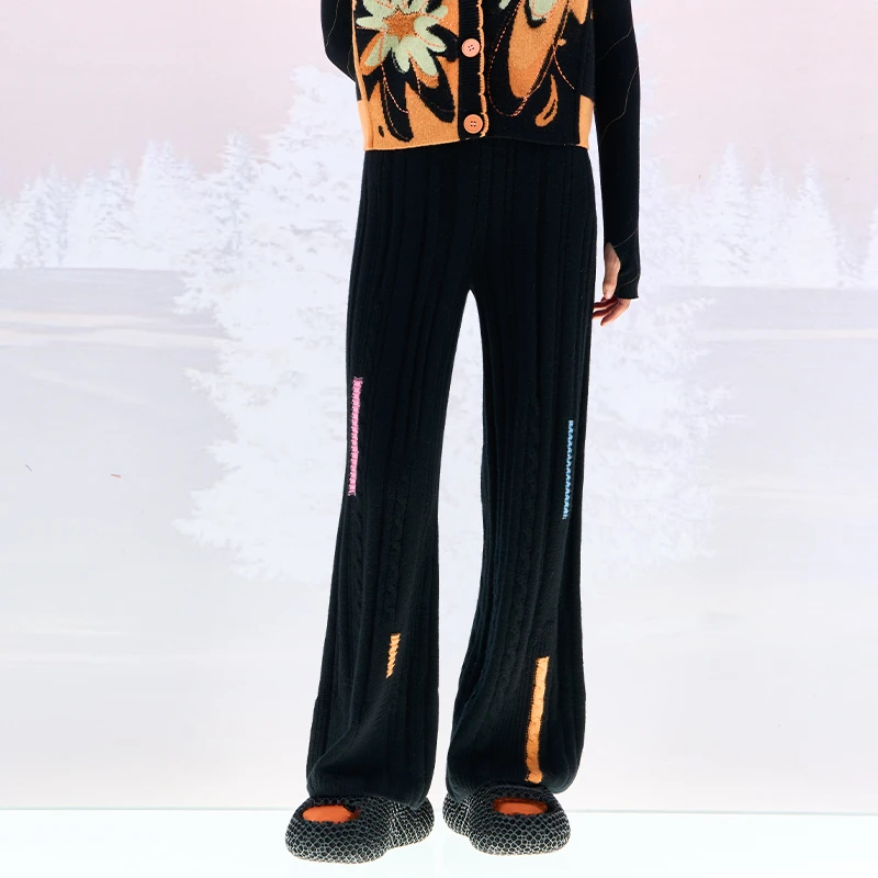 洲升/CHAURISING星空羊绒长裤23093051显瘦针织休闲黑色设计师