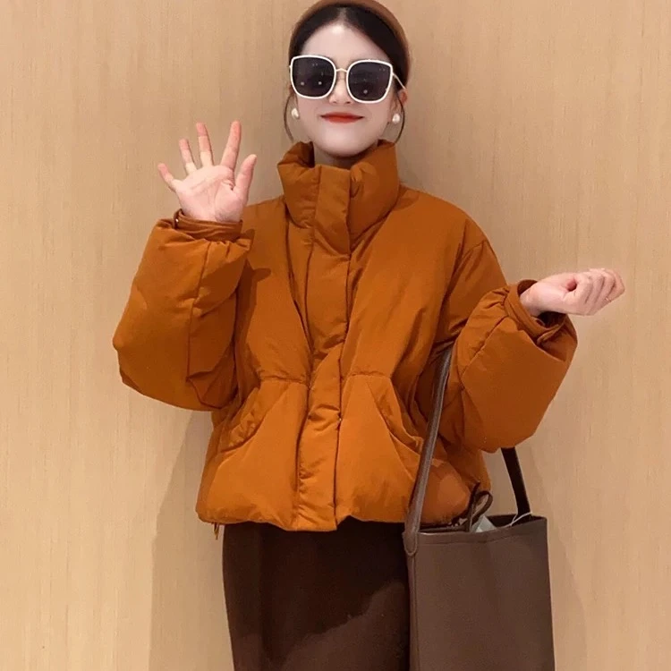 橘色短款轻薄夹棉外套女秋冬季小个子洋气棉袄加厚羽绒派克面包服