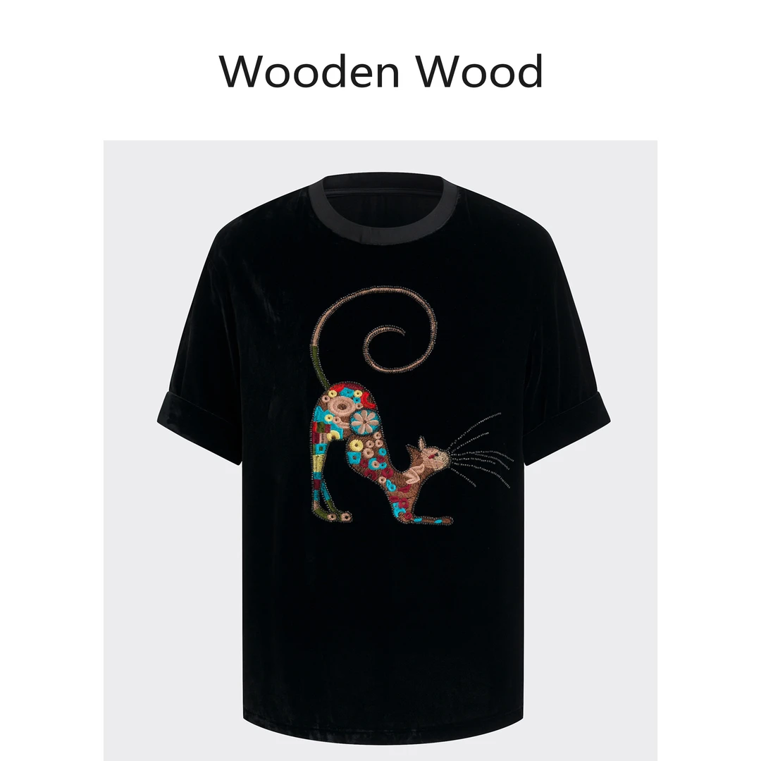 Wooden Wood“做我的猫”高端气质丝绒钉珠刺绣短袖T恤P25008
