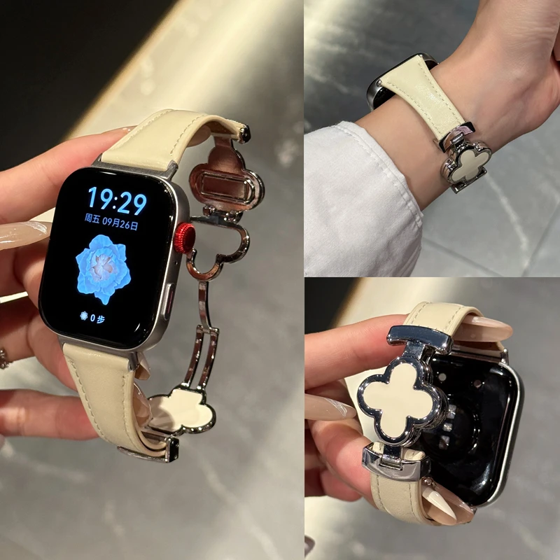 适用华为fit4pro手表带四叶草磁吸扣真皮fit3表带轻奢皮女款小众