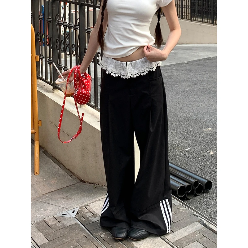 【HRG清仓】美式复古花朵拼接直筒阔腿小众显瘦宽松休闲裤251H1224#