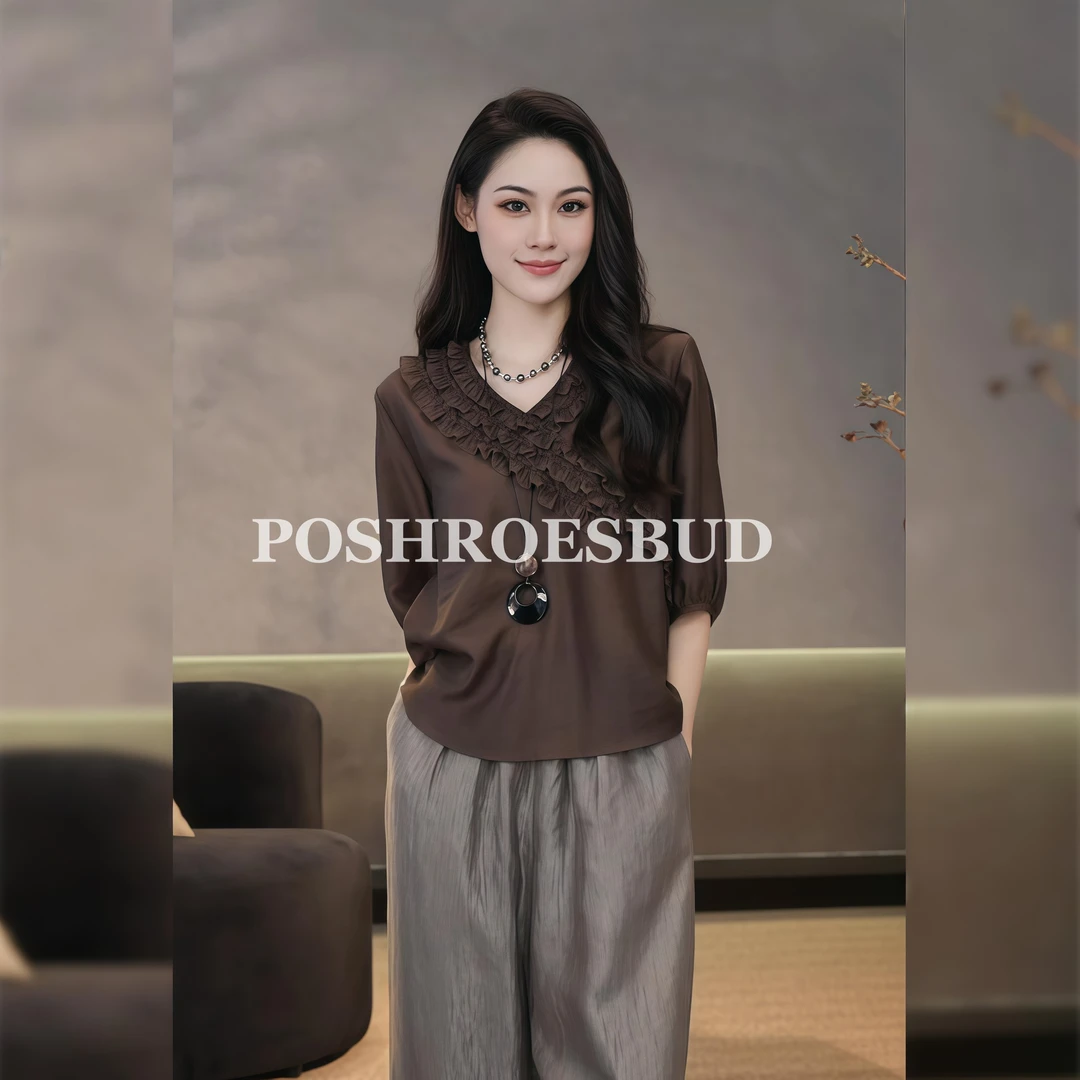 POSHROSEBUD【自在风雅】莱赛尔木耳花边V领气质百搭上衣衫-A10160