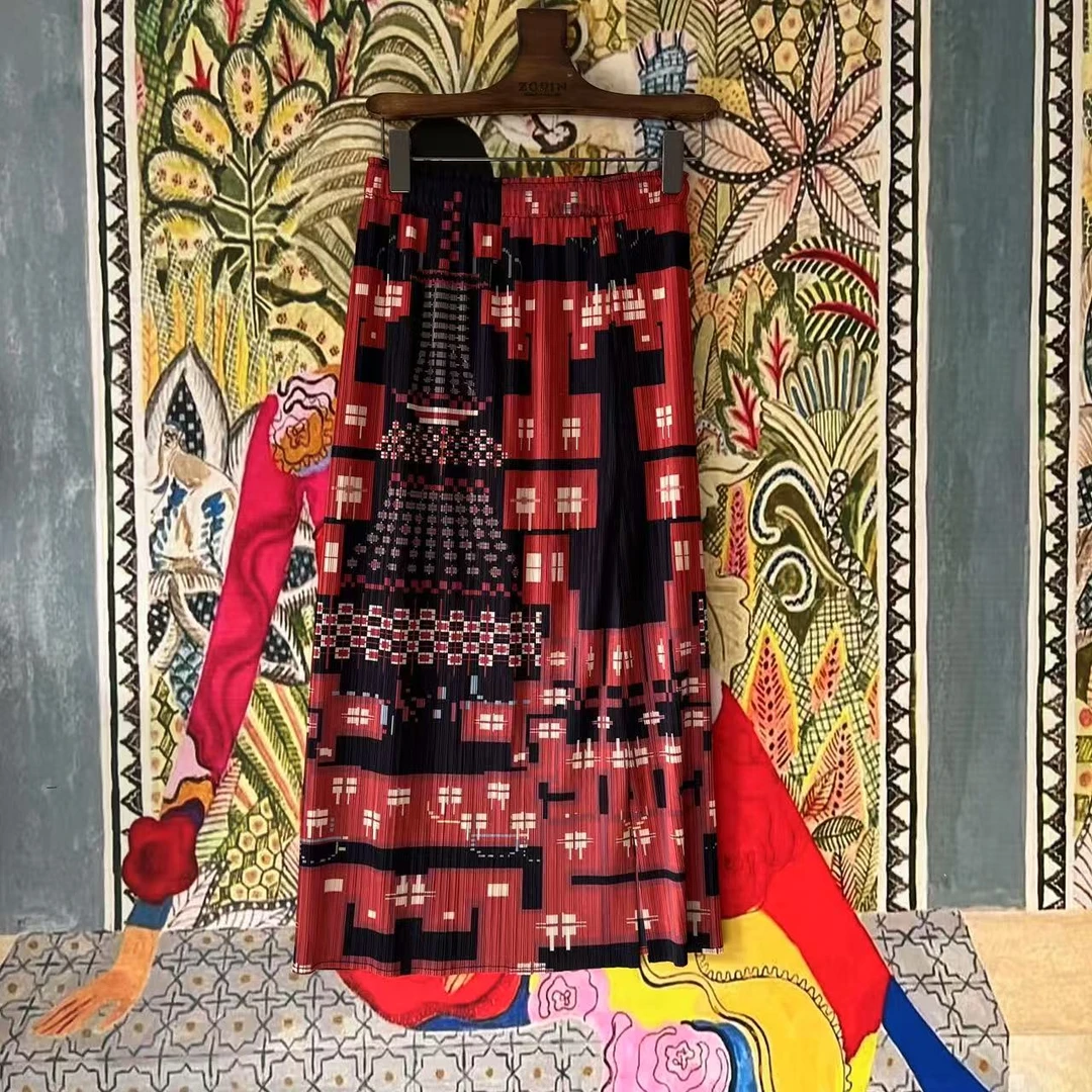 【大G精选】“梵高艺术” 大量感艺术印花时髦压褶度假风半裙