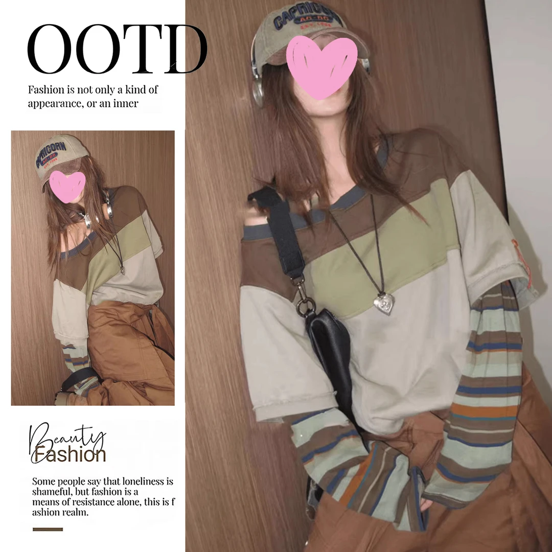 假两件拼接撞色条纹长袖卫衣女早秋季设计感小众宽松时尚斜肩上衣