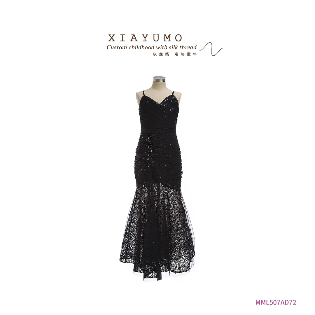 夏羽墨夏季新品黑色鱼尾礼服高贵轻奢时尚走秀无袖年会公主裙