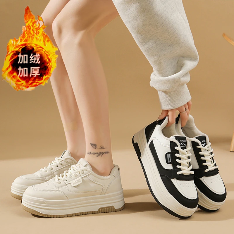 天花板品质加绒保暖女鞋时尚运动休闲板鞋棉鞋厚底真皮小白鞋百搭