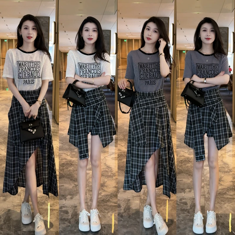 夏季新款时尚减龄短袖上衣不规则+格子半身裙子套装套装