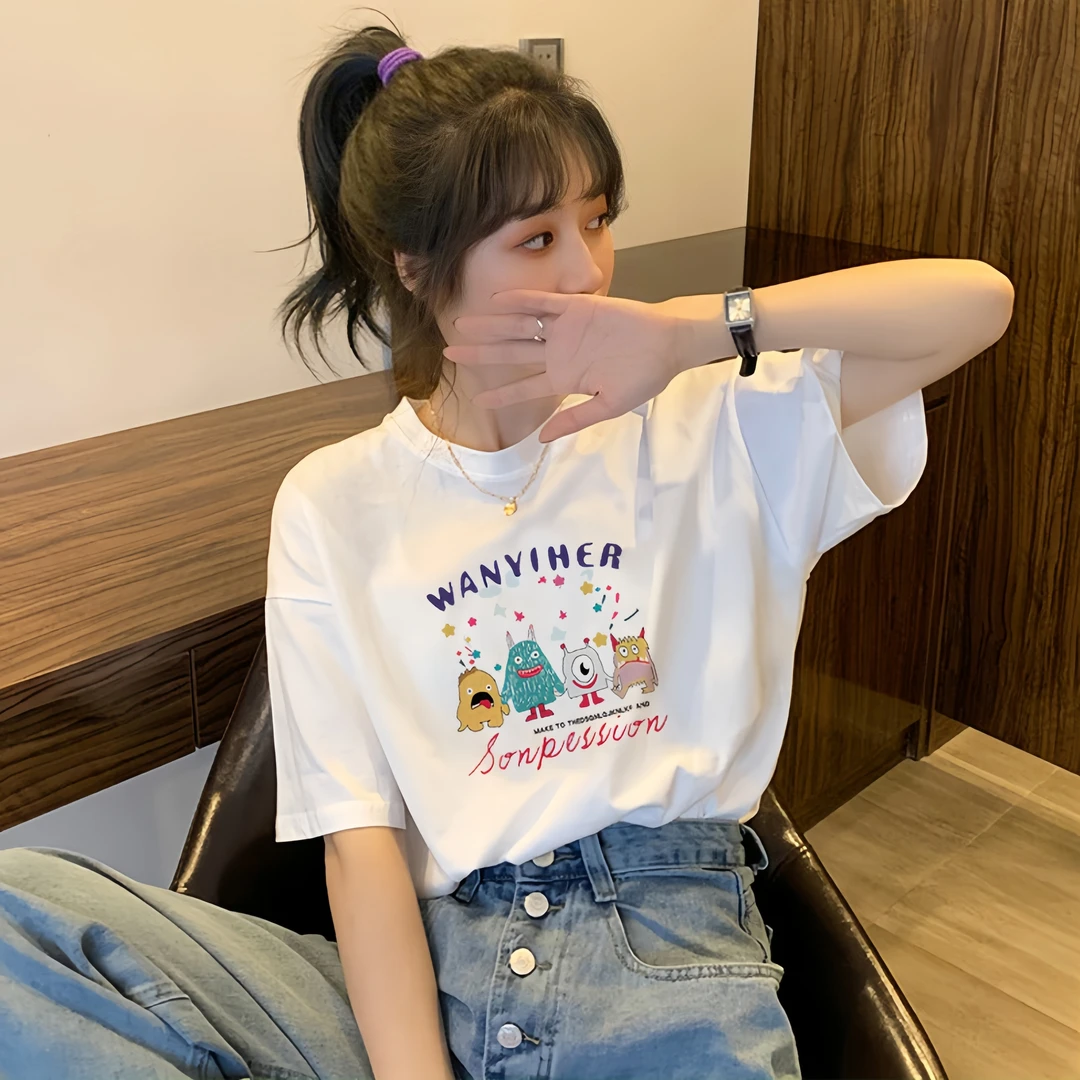 高级感~纯棉白色短袖T恤2025新款打底宽松感小众减龄百搭女上衣