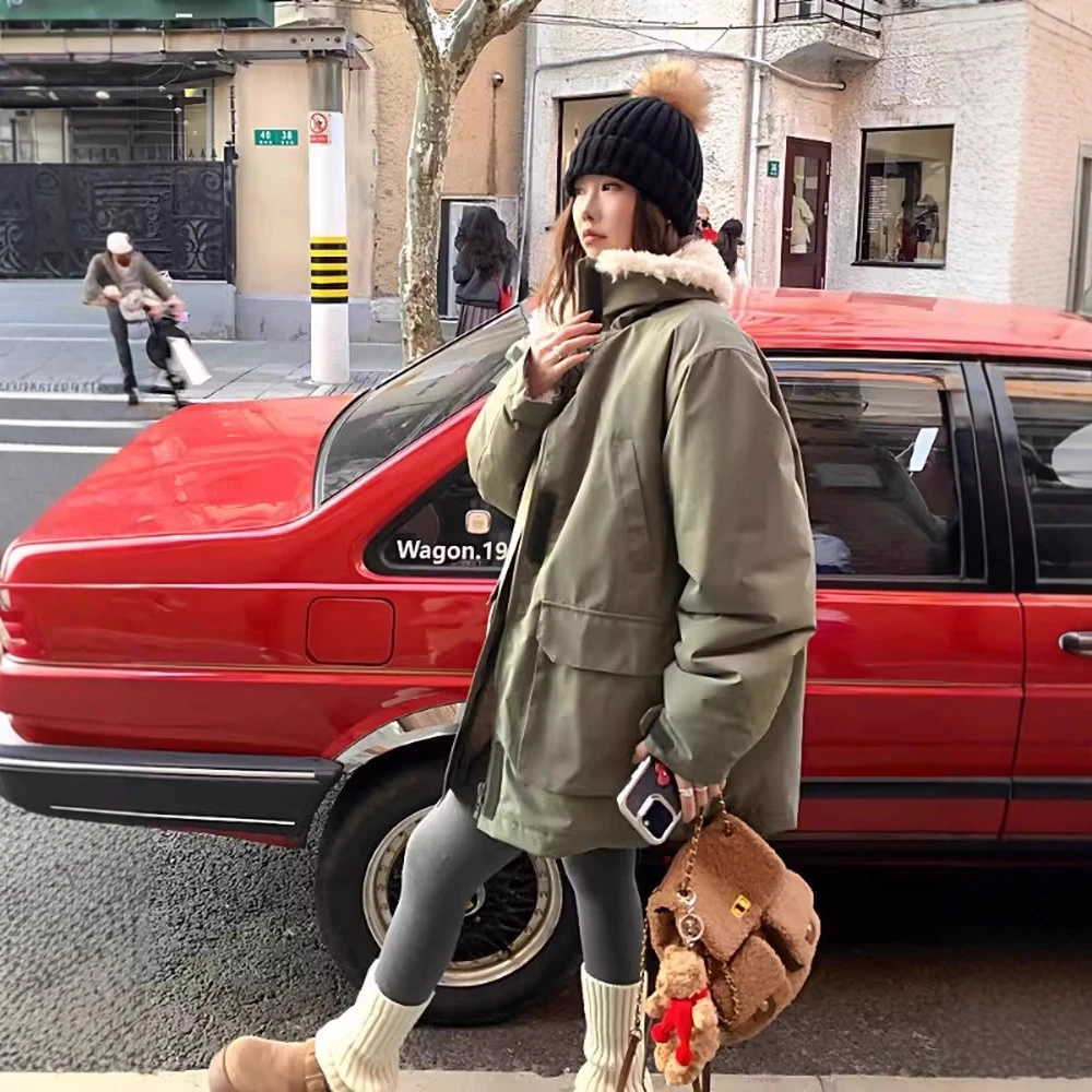 冬季新款大码女装胖mm显瘦羊羔毛工装派克服韩系保暖加绒棉衣外套