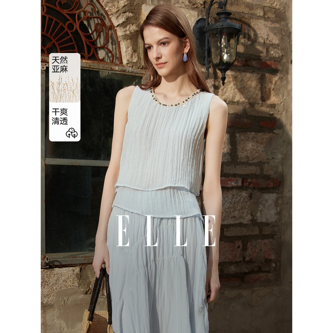 ELLE波西米亚文艺背心小衫女2025夏日穿搭设计感亚麻上衣EM52165