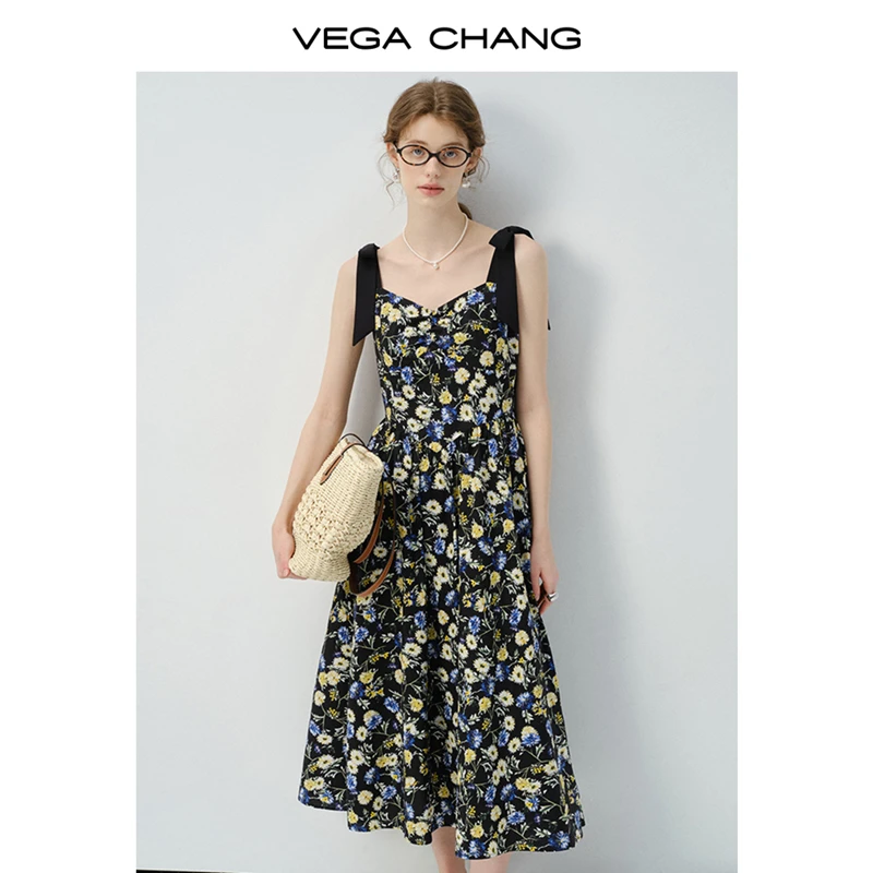 VEGA CHANG法式连衣裙女夏季V领休闲碎花蝴蝶结吊带A字裙0026JJ