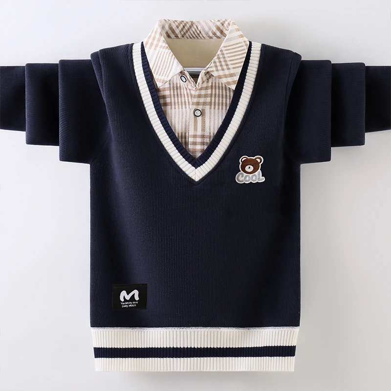 男童假两件卫衣2025秋冬新款加绒加厚儿童男孩衬衫领一体绒打底衫