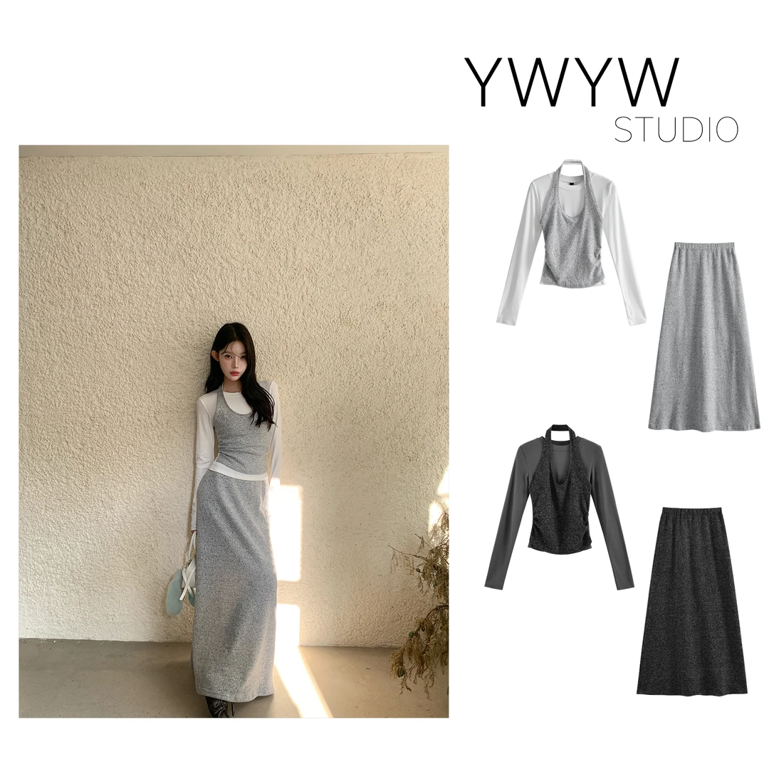 【YWYW25F/W】连体拼接挂脖针织体恤+修身高腰长裙套装5671