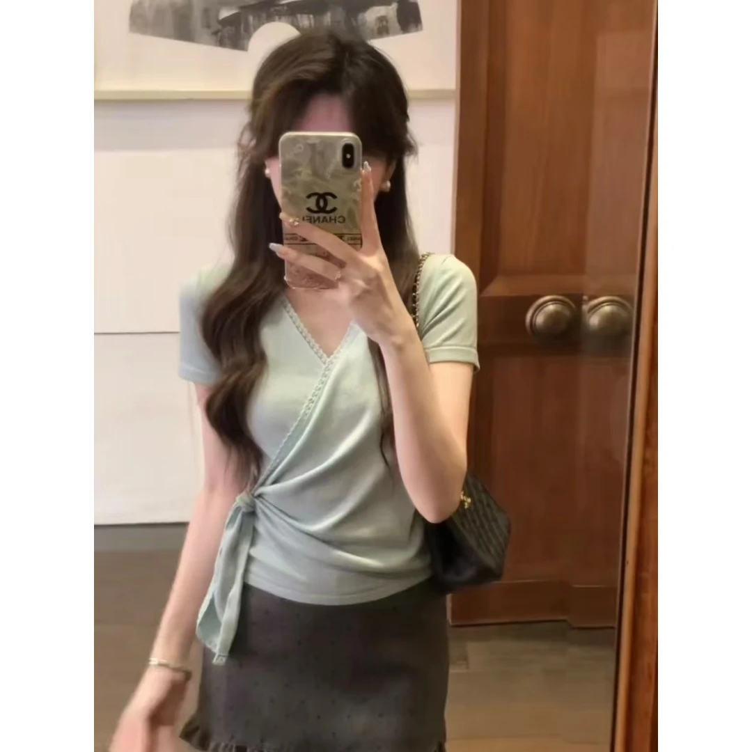 法式chic时尚蕾丝交叉领抽绳针织短袖T恤女夏设计感修身显瘦上衣