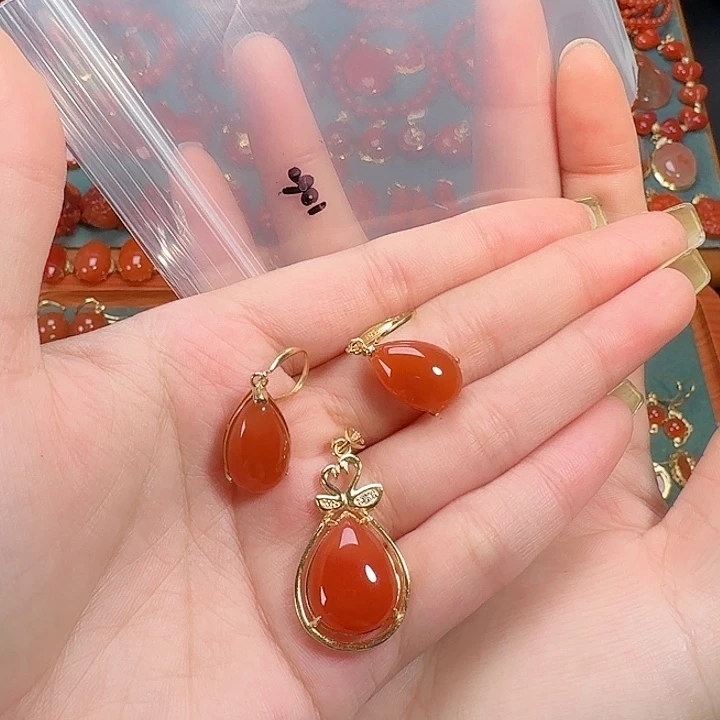 南红玛瑙银S925镶嵌一套