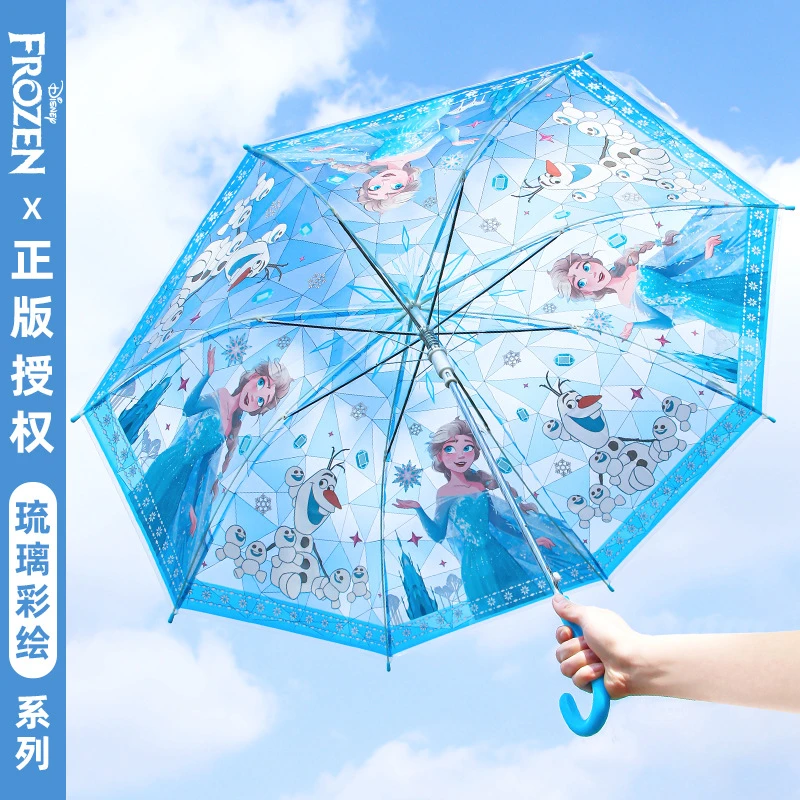 2025新品迪士尼女孩雨伞冰雪奇缘彩绘透明小学生宝宝长柄伞可爱