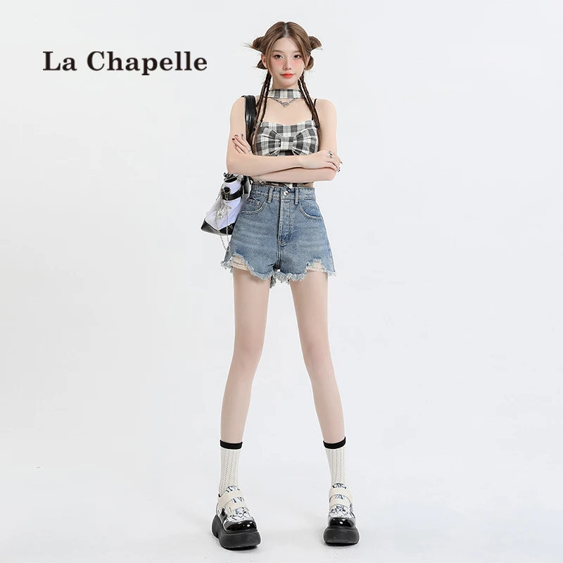 拉夏贝尔破洞牛仔短裤女夏季小个子显瘦直筒阔腿A字包臀高腰热裤