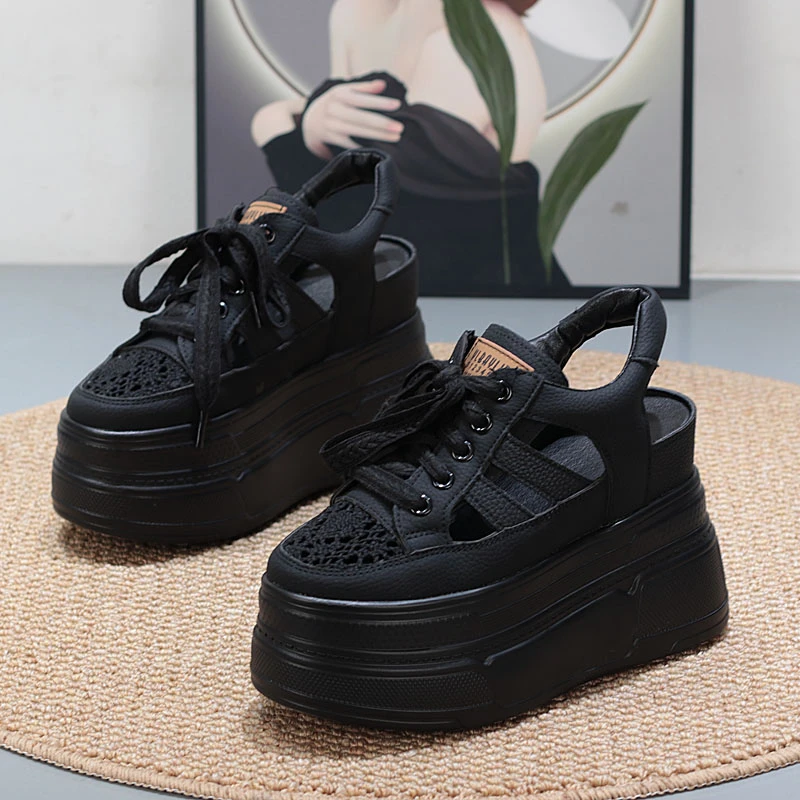 2025夏季镂空透气厚底松糕小白鞋超高跟内增高12CM小个子轻便女鞋