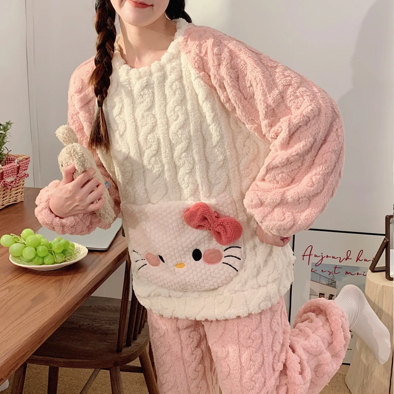 圆领口袋粉色猫珊瑚绒加绒加厚睡衣秋冬季女款爆款2025新款长袖裤