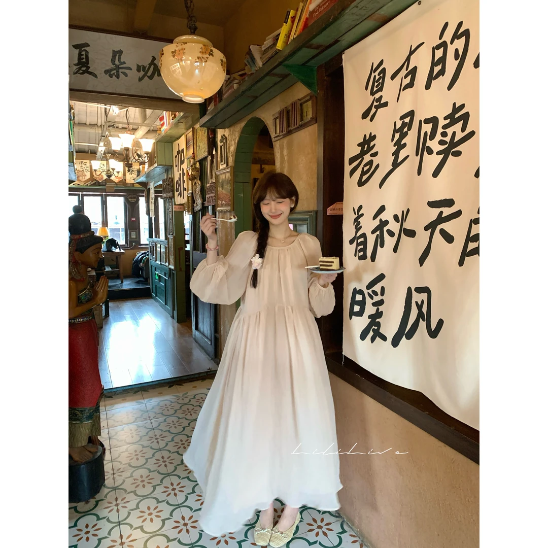 李李【浪漫满屋】温柔慵懒风法式气质甜美宽松连衣裙A字裙摆DRC036