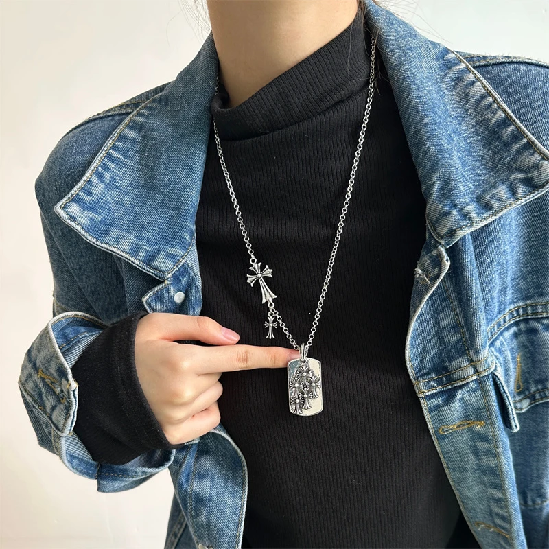 合金项链 X6033-1复古十字架方牌项链时尚百搭小众欧美个性坠链