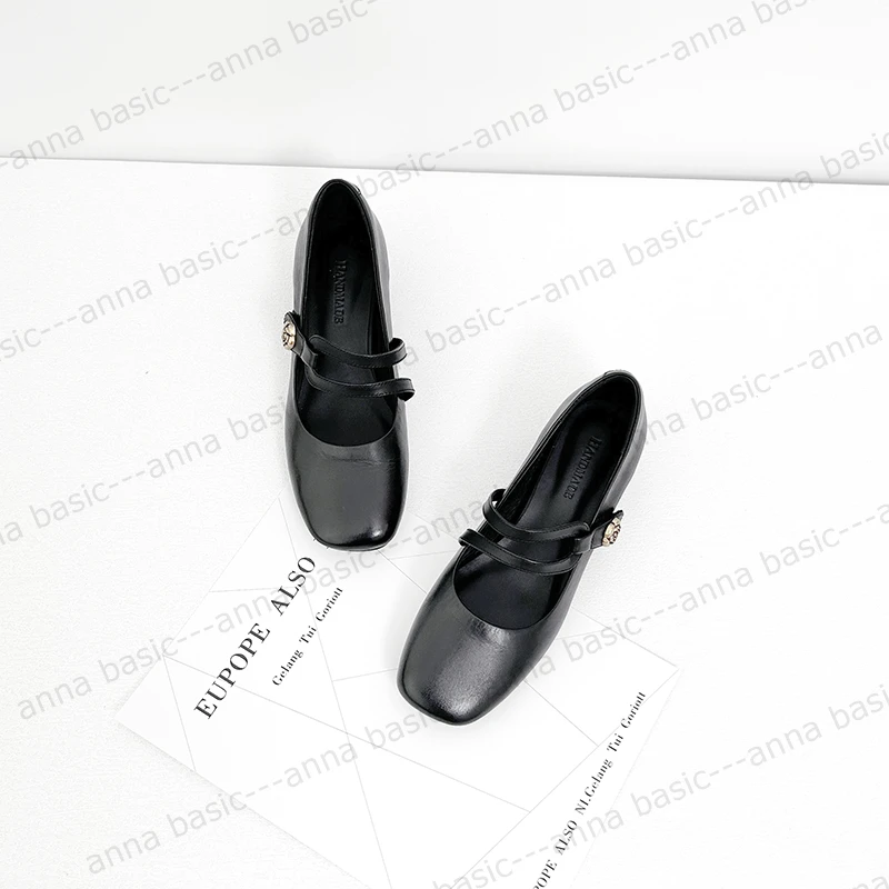 2.5cm/1895牛皮方头浅口单鞋女真皮玛丽珍鞋春季平跟女鞋黑色