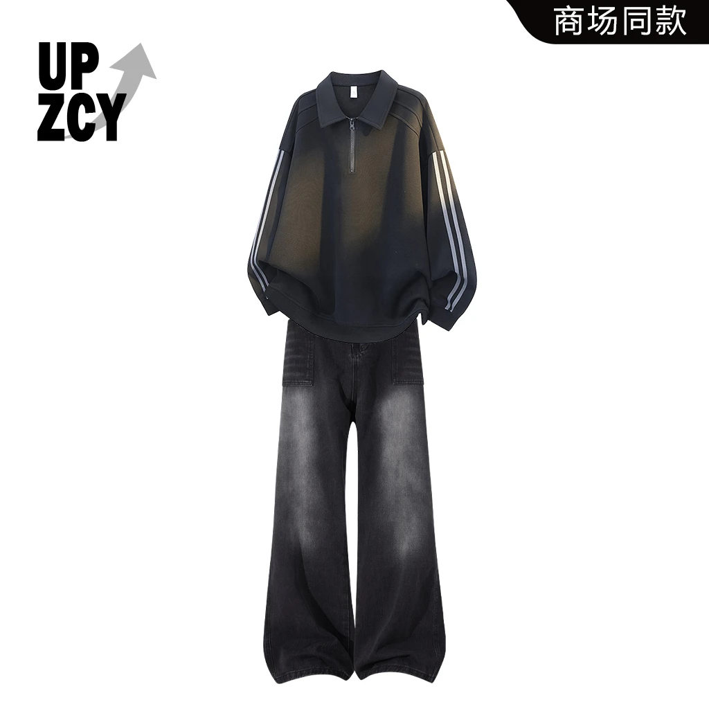 UPZCY翻领潮流拼接卫衣套装男秋冬半拉链设计两件套轻奢痞帅男装