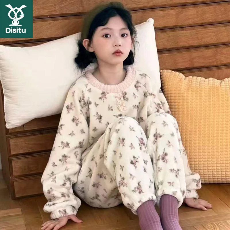 2025新款女童睡衣套装秋冬加厚儿童家居服加绒碎花可爱保暖两件套