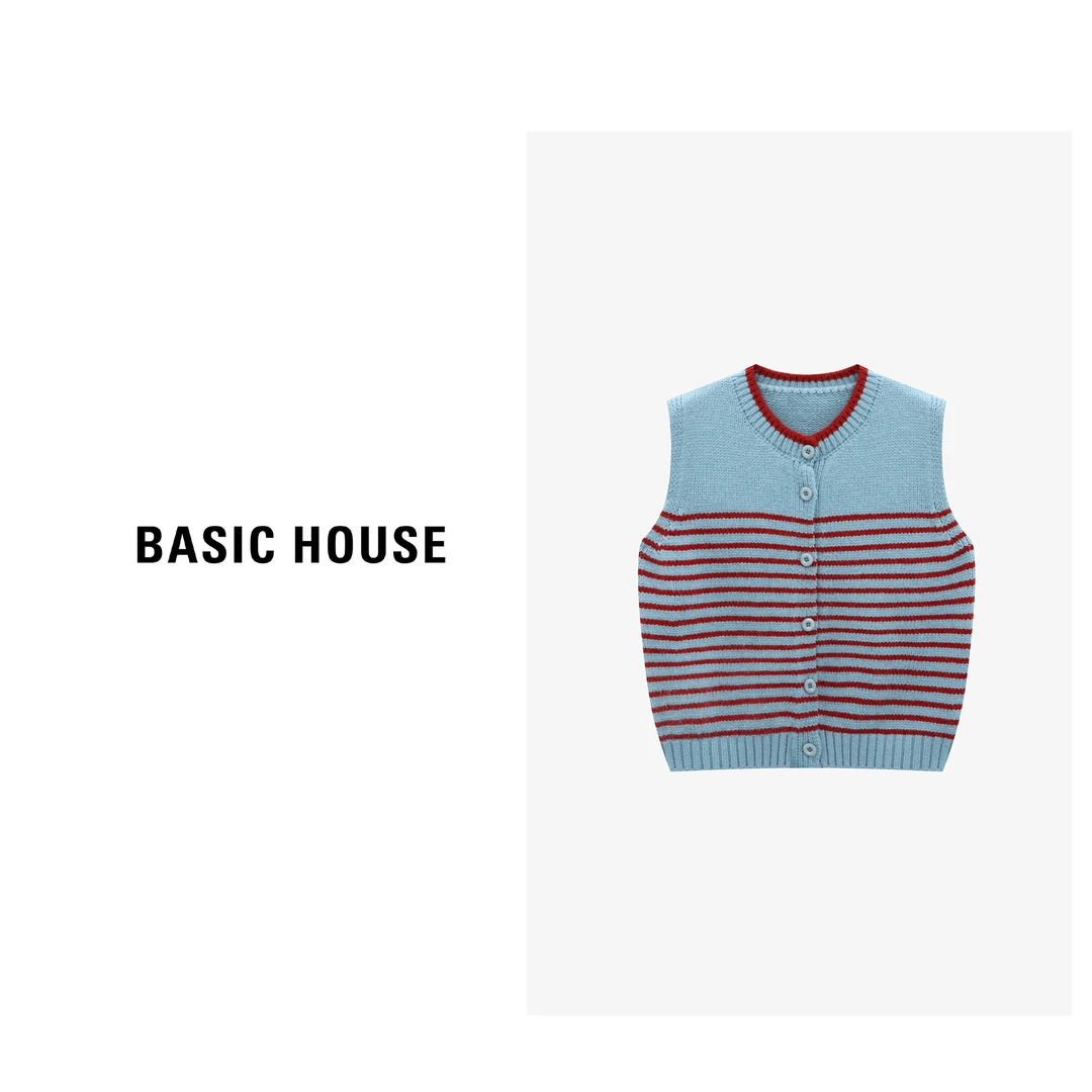 Basic House/百家好早秋通勤设计感条纹撞色马夹女装-B0625B5NNB2