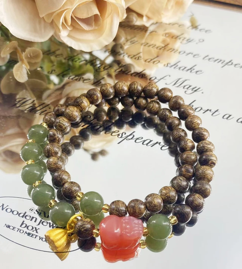 天然和田玉拼沉香双圈盐源玛瑙貔貅新中式国风手串-710