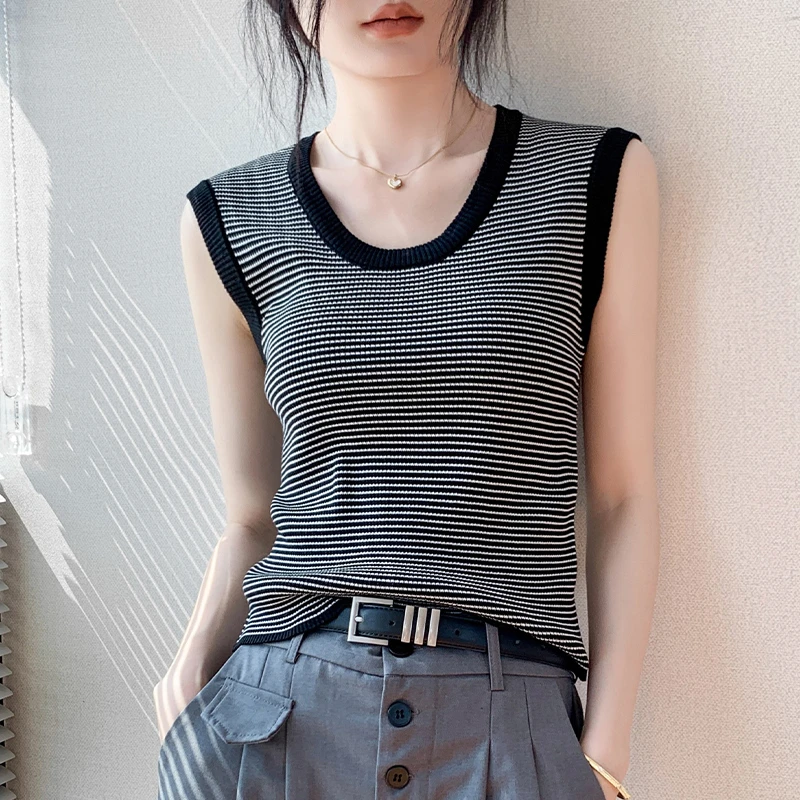 坎肩撞色条纹圆领无袖针织背心女修身显瘦设计感小众衬衫内搭上衣