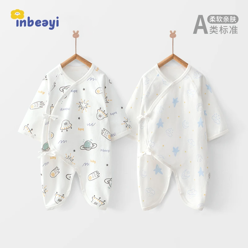 婴蓓依0-3个月新生婴儿蝴蝶哈衣夏薄款宝宝纯棉春秋和尚服连体衣