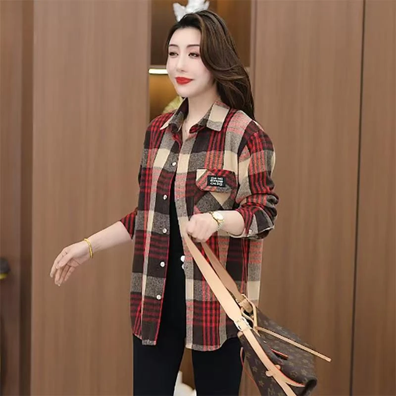 2025秋季新款大码休闲宽松格子衬衫女 韩范长袖开衫外套上衣