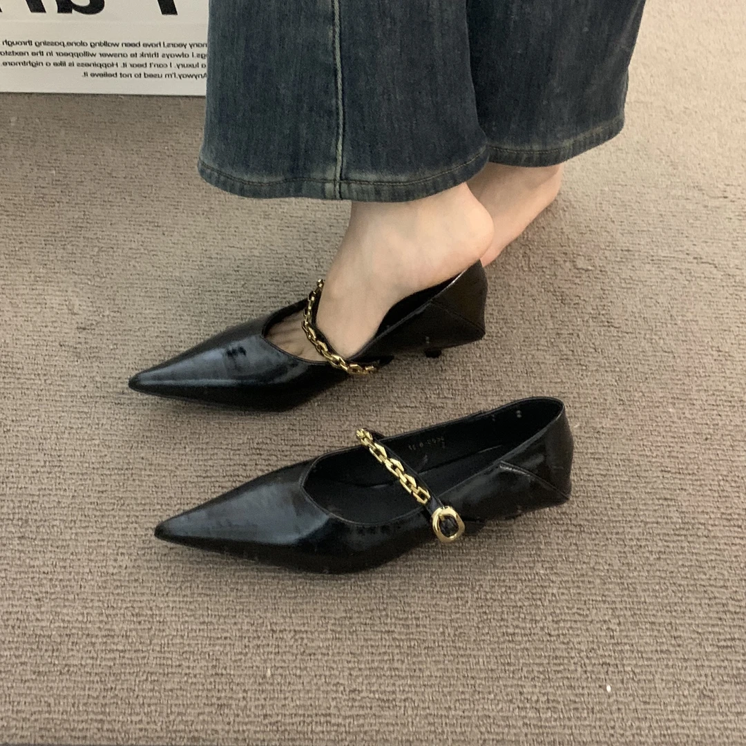【3公分】法式气质尖头链条黑色单鞋女鞋子秋冬细跟高跟通勤晚晚鞋