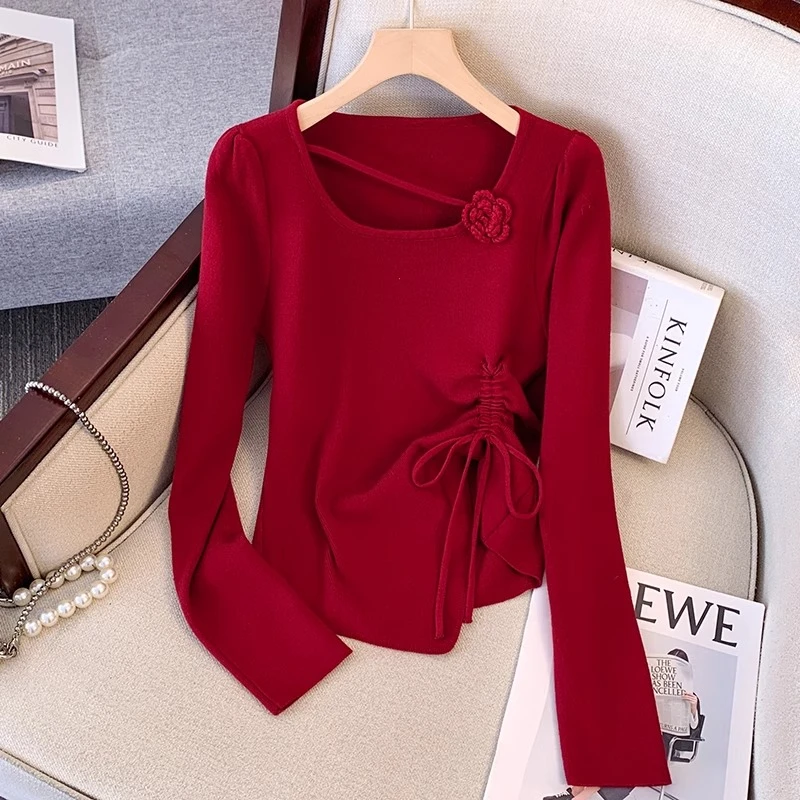 秋装2025新款辣妹抽绳不对称上衣立体玫瑰花方领长袖红色打底衫女