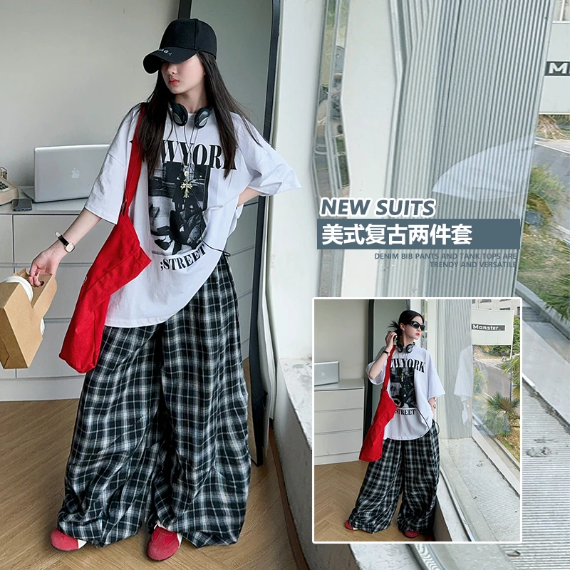 女童2025夏慵懒格子裤潮流T恤套装 国标尺码