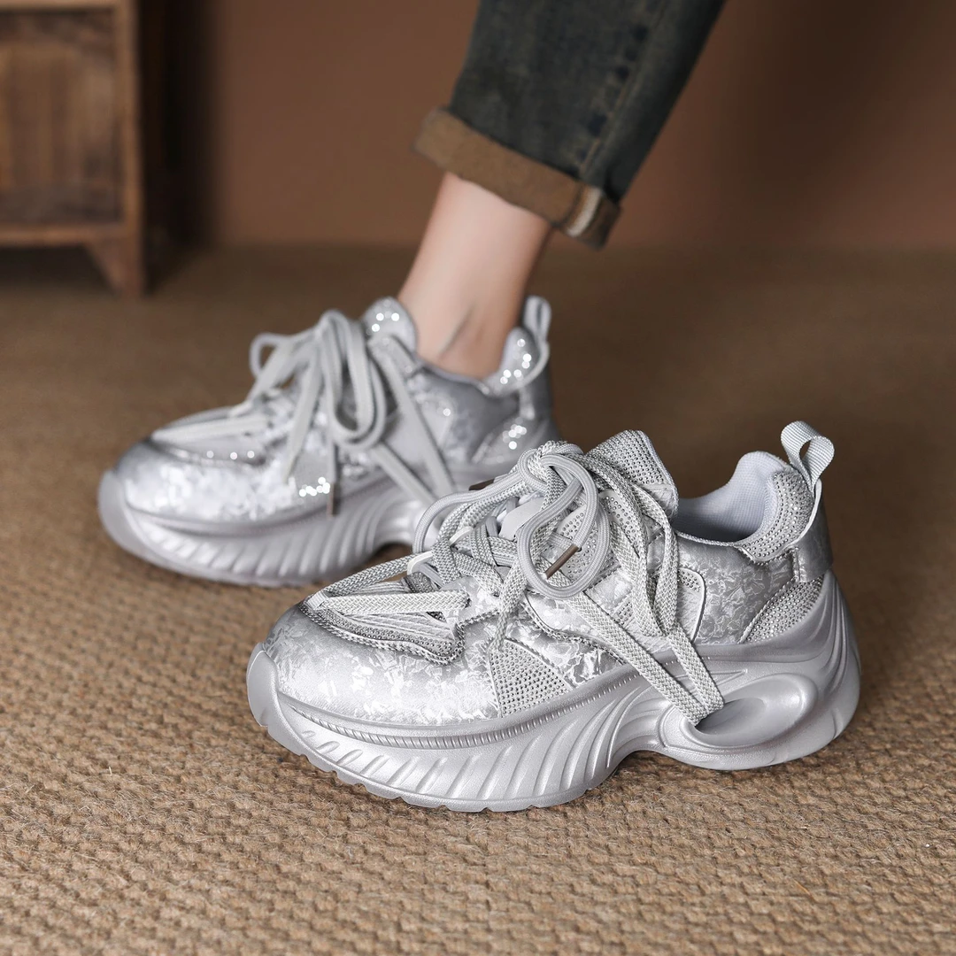 设计师款老爹鞋女水钻透气2025新款秋百搭厚底休闲运动鞋增高时尚